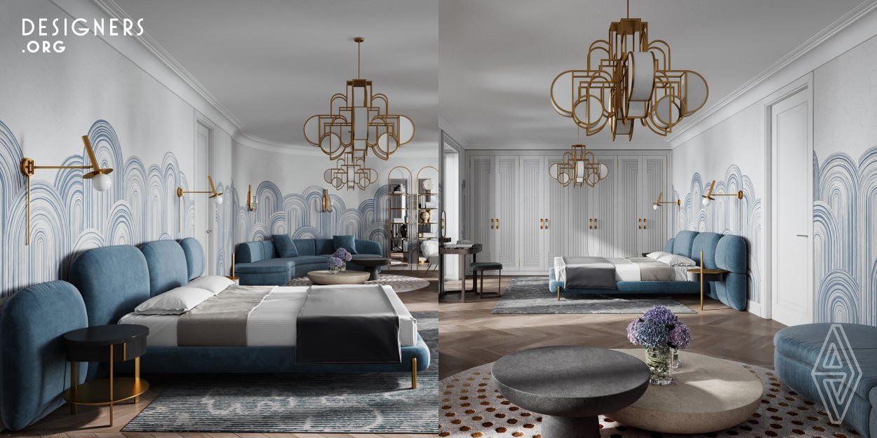 In a historic Knightsbridge townhouse, a classic bedroom finds new life. The design transforms it into a tranquil retreat for a young couple. Soothing blues meet glinting gold accents, echoing both the park's embrace and the city's daily light. Victorian arches inspire the curves of wallpaper, mirrors, and lamps, creating an elegant and ethereal space. Velvet, suede, and leather whisper of luxury, with a dedicated lounge area inviting relaxation. This haven seamlessly blends timeless appeal with modern touches, a symphony of light and tranquillity.