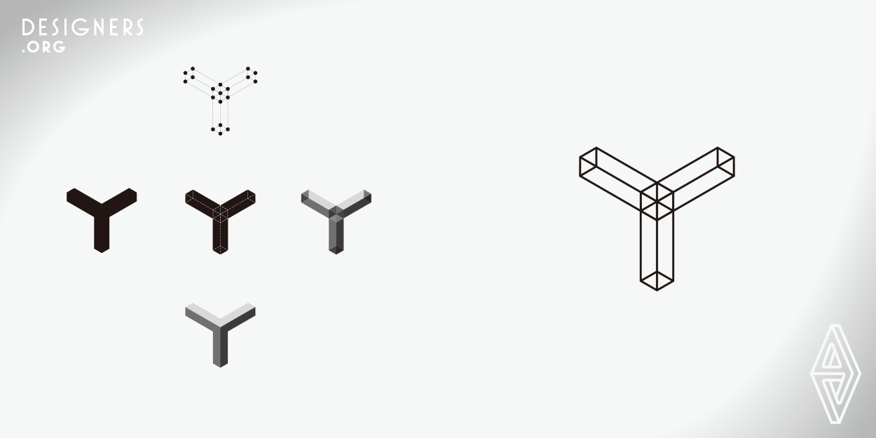 Using Escher's optical illusion principle, a cuboid is drawn along the Y axis of the structural line, and the same cuboid is duplicated on the X and Z axes, so that the endpoints of the three cuboids are completely overlapped, and a geometric Y letter can be formed on a projection plane. Through different combinations, different optical illusions are generated, and more spatial imagination is derived, conveying the positioning of Y Studio's research in different spaces.