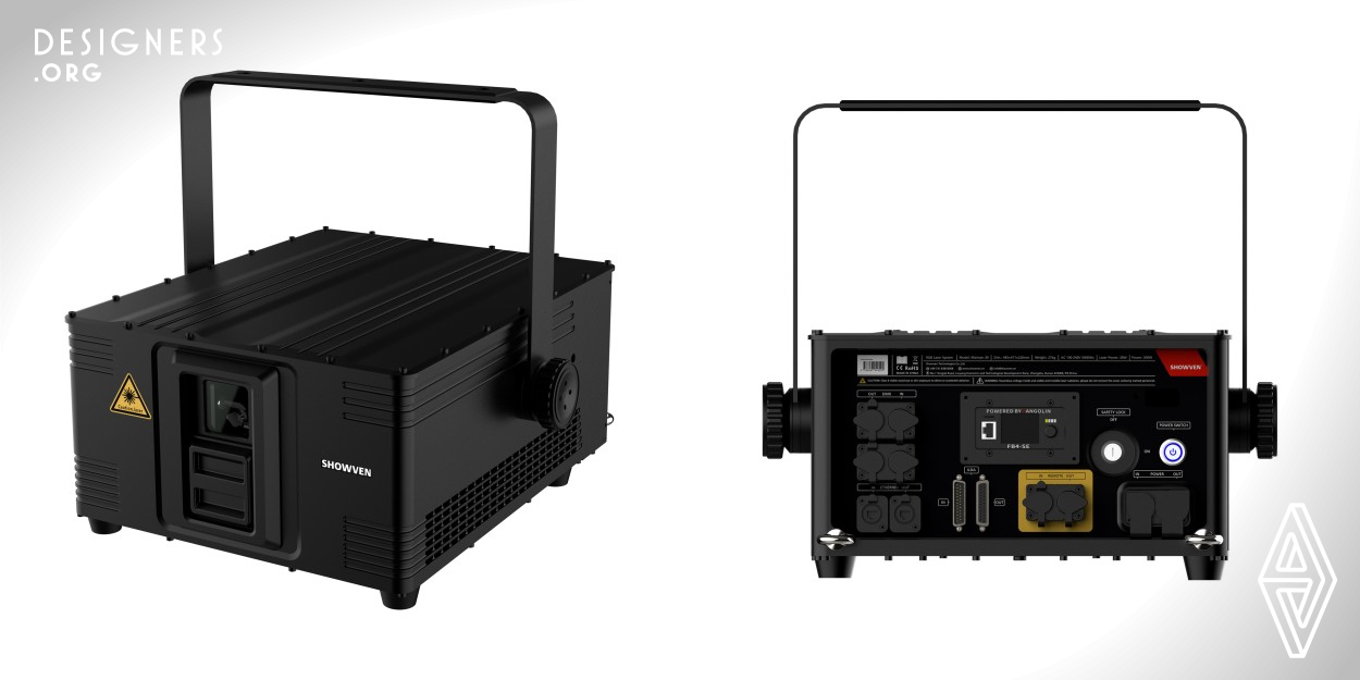 Showven Maiman series full color RGB lasers with double-layer structure design. IP65 rated enclosure ensures it can be used without a protective cover even in the rain. A whole die casting molding makes it robust and sturdy and lighter than traditional products. External dimming bracket, easy angle adjustment device and other convenient features will give you a great user experience. Pure diode light sources guarantee higher reliability and smaller beam divergence angles. Equipped with a safety switch key, remote E-stop function, etc. ensure safety and controllability. 