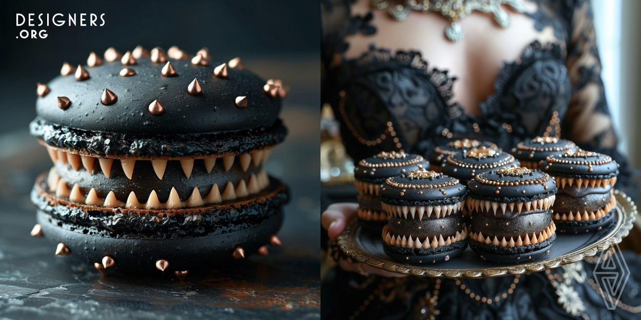 This design is a bold mix of scary and fancy, challenging the usual idea of macarons. It's meant to make you curious and a little uneasy. Instead of the usual pretty colors, it has black shells, almond teeth, and bronze peaks that look like a wild creature. These images have been generated by artificial intelligence, combining various elements to create an intriguing and unique visual aesthetic.