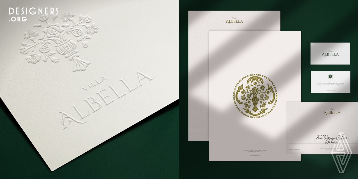 Villa Albella's visual identity captures the soul of Tuscany's cultural heritage while embracing a vision for a place that serves as a sanctuary for culture, history, and unity, a vibrant hub of artistic expression, culinary exploration, and intercultural dialogue. The design seamlessly blends tradition with modernity. The incorporation of two floral branches symbolizes unity amidst diversity, rooted in a shared history. Beyond preserving heritage, this project fosters meaningful cross cultural exchange and appreciation, embodying a commitment to serenity and enrichment.