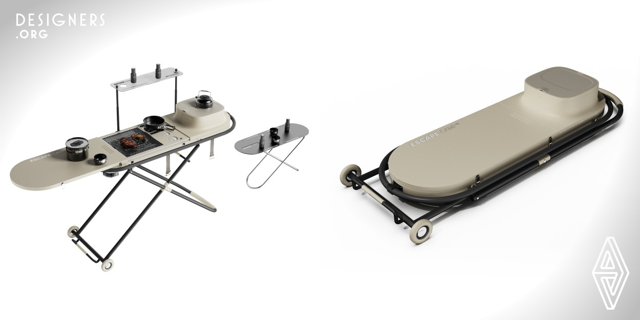 Escape is a portable all in one camping kitchen system. The camping kitchen system is designed based on the user's camping kitchen behavior to make the process more comfortable and smooth. The kitchen system is available in both folded and unfolded states. In the folded state, it is easy to transport, and when it is needed, it can be unfolded and used. The system integrates five functional modules: storage area, meal preparation area, cooking area, storage area and dining area, which meet the needs of users during the camping and cooking process.