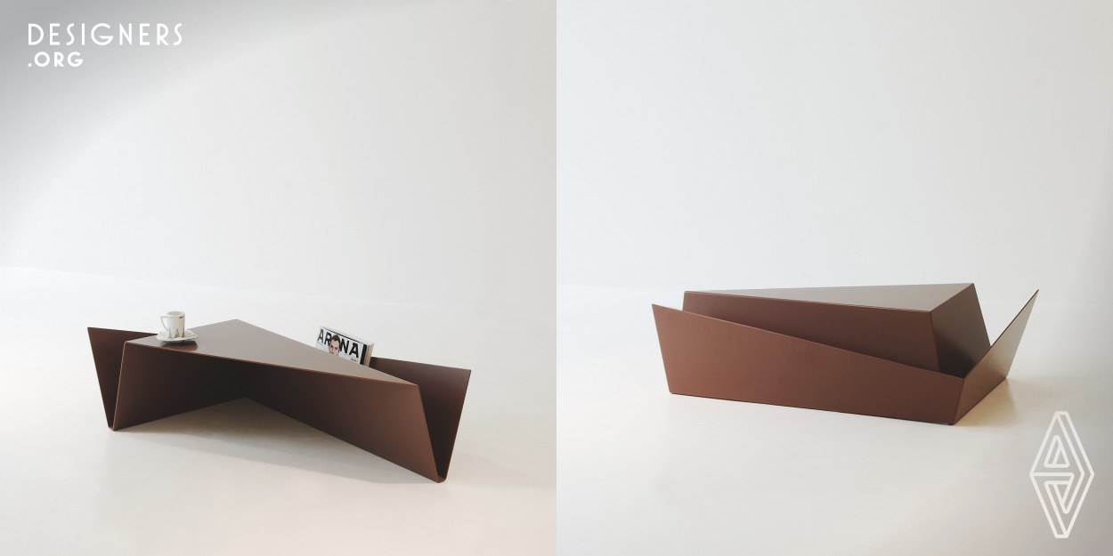 'Gorge' is a coffee table with a shape of a gorge. Designing it, Designer 'Ramei Keum' strived to put it in a form so that elements composing of a table such as a top board and legs may become one element, not individual elements. The shape of a gorge folded in a V shape itself plays a structural role of supporting the top board of the table, and plays a role of holding/ keeping magazines or books as well as completing an aesthetic form of the table.