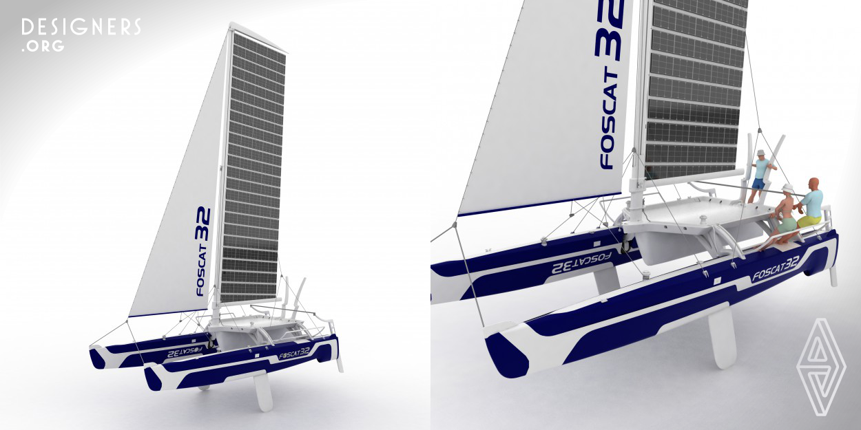 FOSCAT(folding solar catamaran) is a new alternative concept cat sailvessel that consumes no fuel with high energy efficiency. She is a new generation cat-boat which encourages environmental responsibility. In addition, the lightweight folding hulls are easy to handle ashore and require virtually no maintenance. The FOSCAT is one of the first folding cats which can easily be folded on docks and on any sandshore. She can easily reduce the wind profile during docking and well landing the hulls can be easily retracted with folding rudders and mast