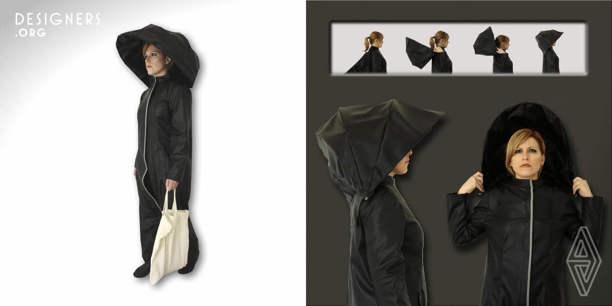 This raincoat is a combination of a rain coat, an umbrella and waterproof trousers. Depending on the weather conditions and the amount of rain it can be adjusted to different levels of protection. His unique feature is that it combines raincoat and umbrella in one item. With the “umbrella raincoat” your hands are free. Also, it can be perfect for sport activities like riding a bicycle. In addition in a crowded street you do not bump into other umbrellas as the umbrella-hood extends above your shoulders.