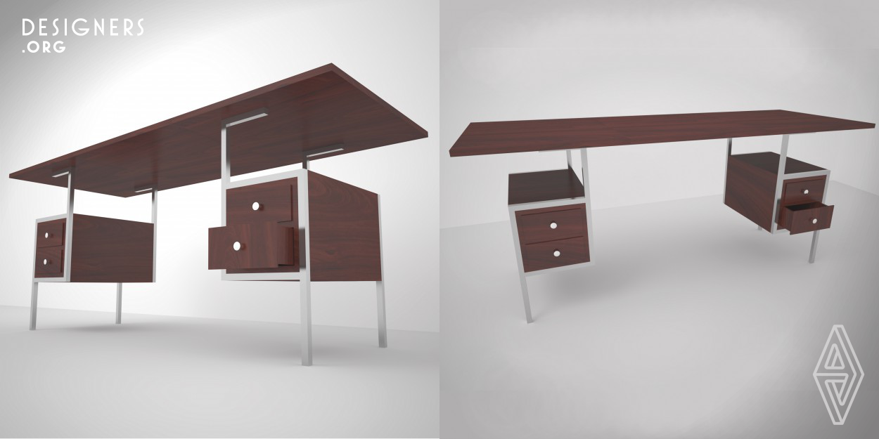 Unique furniture, which bring joy. Simply to produce. Give the movement illusion. No another analogue for these furniture. At the first sight, one can imagine that the table will not stand and will immediately fall down, but, combining the three main details: metal frame, cabinet with drawers and table top, the construction became stable and hard. This idea can be used with cabinet, capboard and other things. All the products will bring the flying illusion.