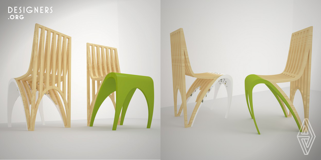 I think that the combination of the jewelry from plastic and plywood (wood) is very perspective.  The basis of the idea and construction of this chair is arc-horseshoe.  The arc-horseshoe can be of any color, but shall be obligatory reinforced by the two pairs of steel rods, as the negative slope of the front legs creates an additional moment, and, for this reason, additional load on them. The back part of the chair can be made from the plywood and proceeded on the numerical controlled machine. The back and front parts can be produced individually and then glued (on pins) or assembled 