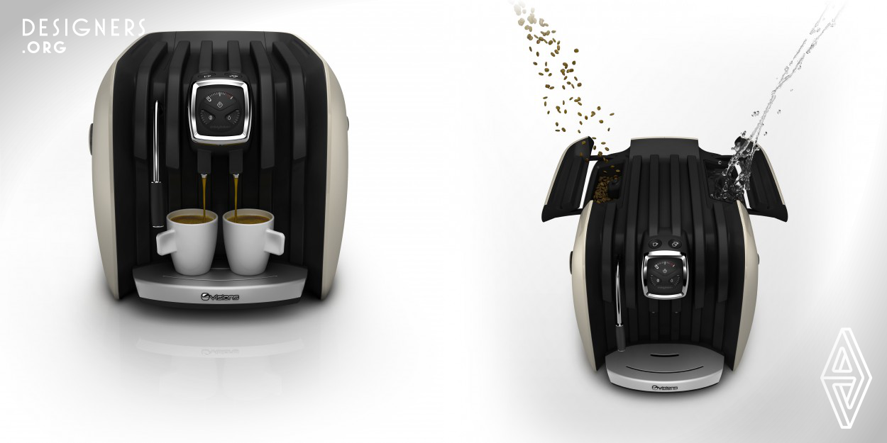 A unique automatic espresso machine for the „scootertarians“ (scooter fans) and not only. Vespeo has the mission to bring an yet missing experience in the iconic Vespa scooter lifestyle. The design challenge was to interpret the essence of the Vespa lifestyle into the design language of an espresso machine. This distinct design language had to reflect tradition, modernity and italian flair, defined by technical yet emotional surfaces