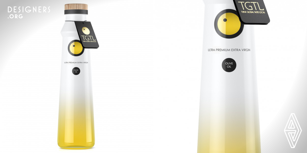 This design is an exclusive unique bottle. The bottle is made by glass and painted with a gradient from white to transparent. This solves the problem of protecting the Olive Oil from the UV and also showing the color of the product at the same time. The shape is very elegant and unique, easy to handle. The bottle has a strong impact on the shelf and also on the table. On the bottom you can see the olive oil clearly, in a beautiful and interesting visual effect. The cap is made by cork, giving a traditional and "hand made" feeling to the product. The brand is Think Global Taste Local.