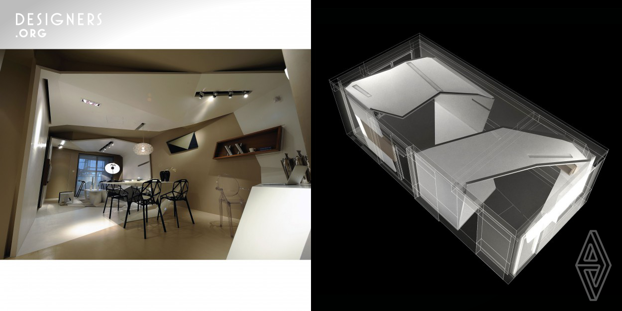 Such as "Dance of the Ribbon", with open spatial scale, overall space is white, make use of the concept of furniture posting, shape a relationship connecting with the space, the most special is the relationship between the wall and the cabinet, integrate desk with ceiling and ground, break out section by irregular geometry deliberately, not only cover excessive amount of defects of the beam but also show the modern actual concept, showing an curve-style abstract idea of ribbon through the reflection of light.