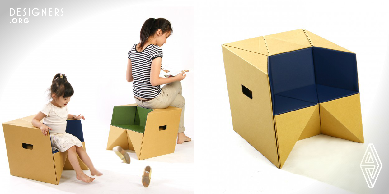 S-CUBE simply took the 3mm cardboard to the next level. It inherited a regular box shape, then pushed from one side to create multifunction: a stool, a child’s seat, and steps. The sheet of cardboard is precisely cut by CNC machine and folded into polygon blocks, and turn S-CUBE into a strong yet light-weight structure. Colorful leather adds a touch of playfulness to the child’s chair.