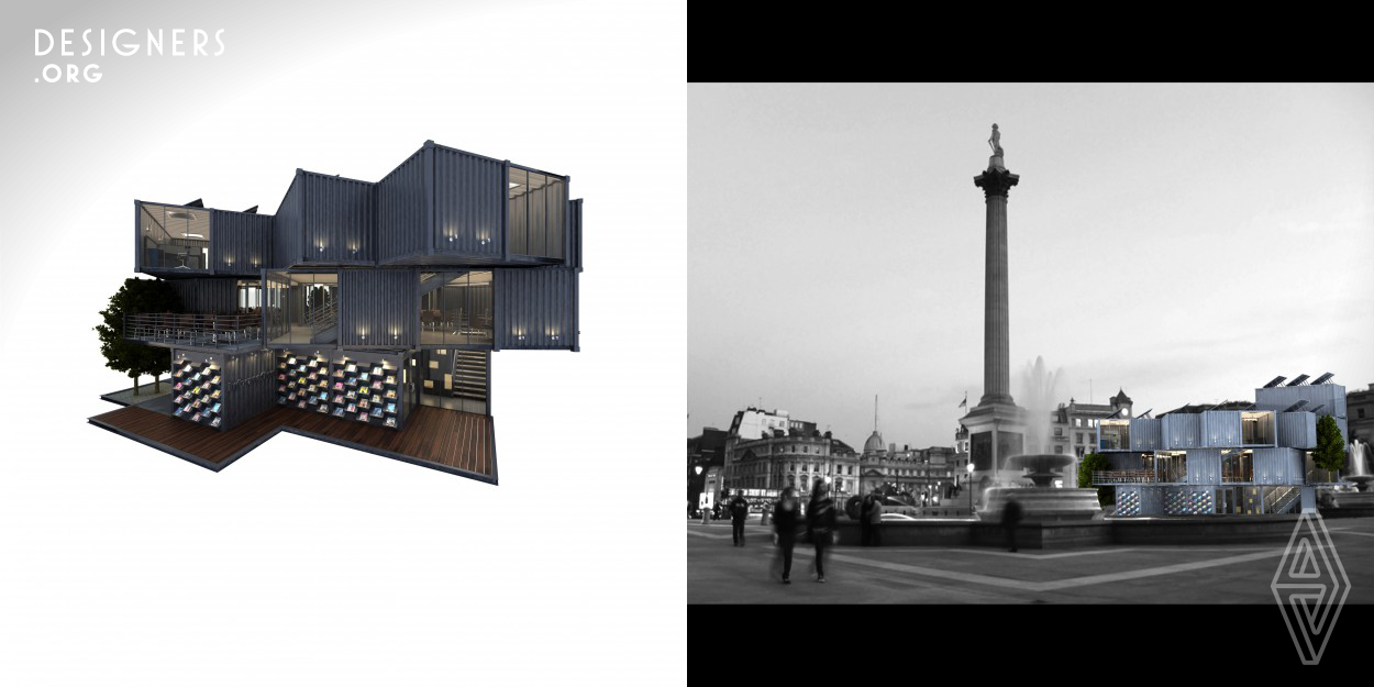 The project is designing a mix-use temporary pavilion at Trafalgar, London for various functions and events. The proposed structure emphasizes the notion of "temporariness" by using recycling shipping containers as the primary construction material. Its metallic nature is meant to establish a contrasting relationship with the existing building reinforcing the design concepts. Also, the formal expression of the building is organzied and arranged in a random fashion creating a temporary landmark on site to attract visual interaction during the building's short life.