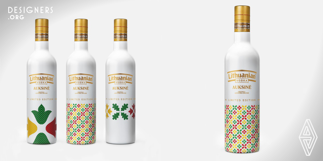 The special edition of Lithuanian Vodka Gold designed with modern ethnographical symbols is an unexpected link between yesterday and today. The old ethnographical symbols – oak leaves and lily flowers – have been revived. In the Lithuanian folklore lilies are associated with femininity and oak – with masculinity, strength and courage. Therefore the female and male elements are intertwined in the design, while the Lithuanian spirit is emphasised by the colours of the Lithuanian flag – yellow, green and red