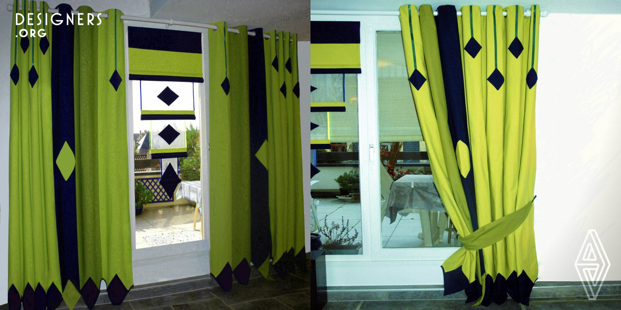 While offering the practical advantages of fully lined curtains (insulation, solar protection, echo dampening, warmth, masking of an ugly view) and a blind (filtering of light) this set is also particularly original, aesthetic and stylish and the combination of different coloured fabrics (pea/light/metallic dark green, navy blue, white, yellow), textures (satin ribbons, linen, net), shapes (small/big diamonds) and surfaces (piping versus flat fabric panels) contributes to the striking effect. 