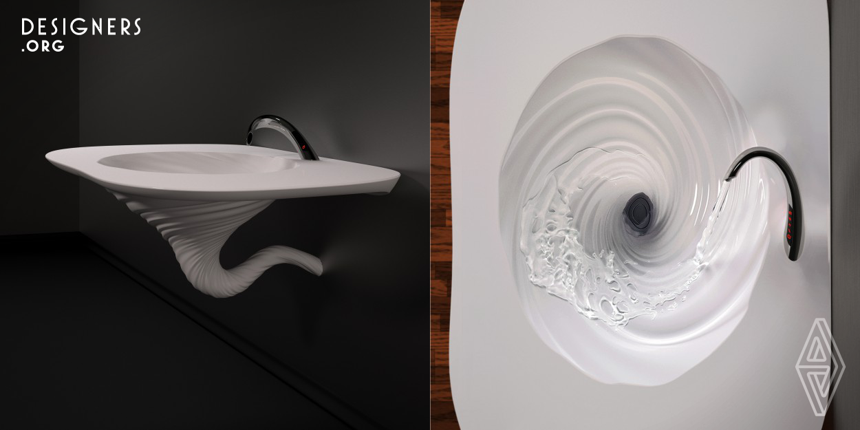 The aim of the vortex design is to find a new form to influence water flow in washbasins to increase their efficiency, contribute to their user experience and improve their aesthetic and semiotic qualities. The result is a metaphor, derived from an idealized vortex form that signifies drain and water flow which visually indicates the entire object as a functioning washbasin. This form combined with the tap, guides the water in to a spiral path allowing the same amount of water to cover more ground which results in decreased water consumption for cleaning. 