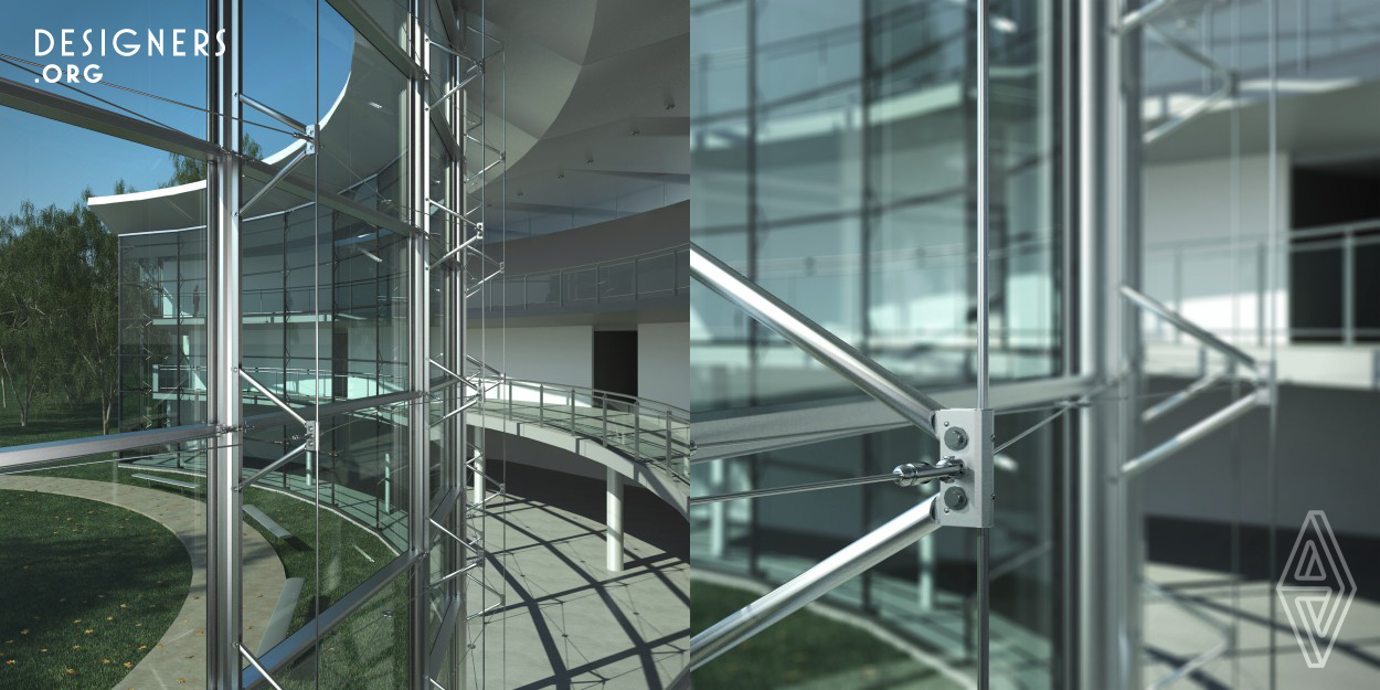 The GLASSWAVE multiaxial curtain wall system opens the door to greater flexibility in designing glass walls for mass production. This new concept in curtain walls is based on the principle of vertical mullions with cylindrical rather than rectangular profiles. This definitively innovative approach means that structures with multidirectional connections can be created, increasing tenfold the possible geometric combinations in glass wall assembly. GLASSWAVE is a low-rise system intended for the market of distinctive buildings of three floors or less (majestics halls, showrooms, atriums etc.)