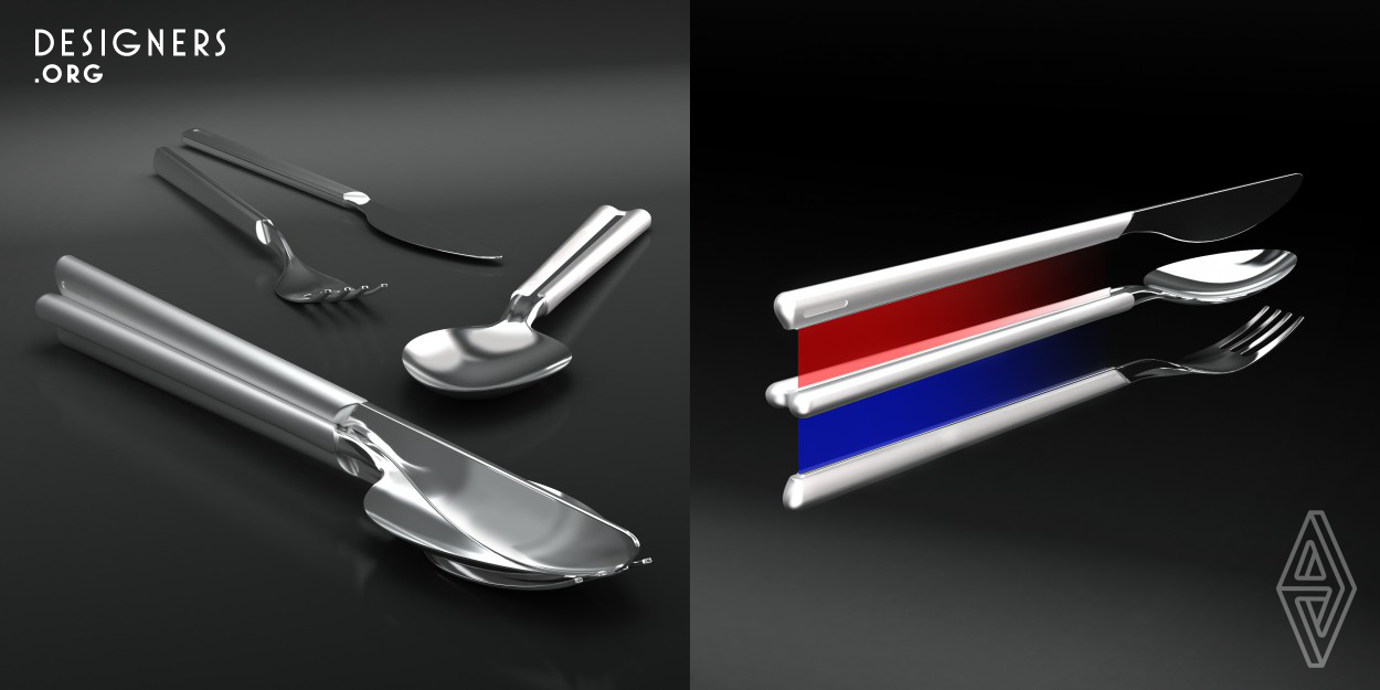 Attention! cutlery set is developed via the conceptual thinking of ‘being together’ and the principle of keeping all the elements of the set together, stocking these elements and organizing them as a team when they are not in use.  The cutlery set, according to the wishes of the customers can be separated and reunited easily. The main principle that the product is based on is the magnetic pull of the magnets placed in the axes of the handles of the 3D forms in a harmonious way. The set is a healtier alternative to the wide use of the nylon bag system.
