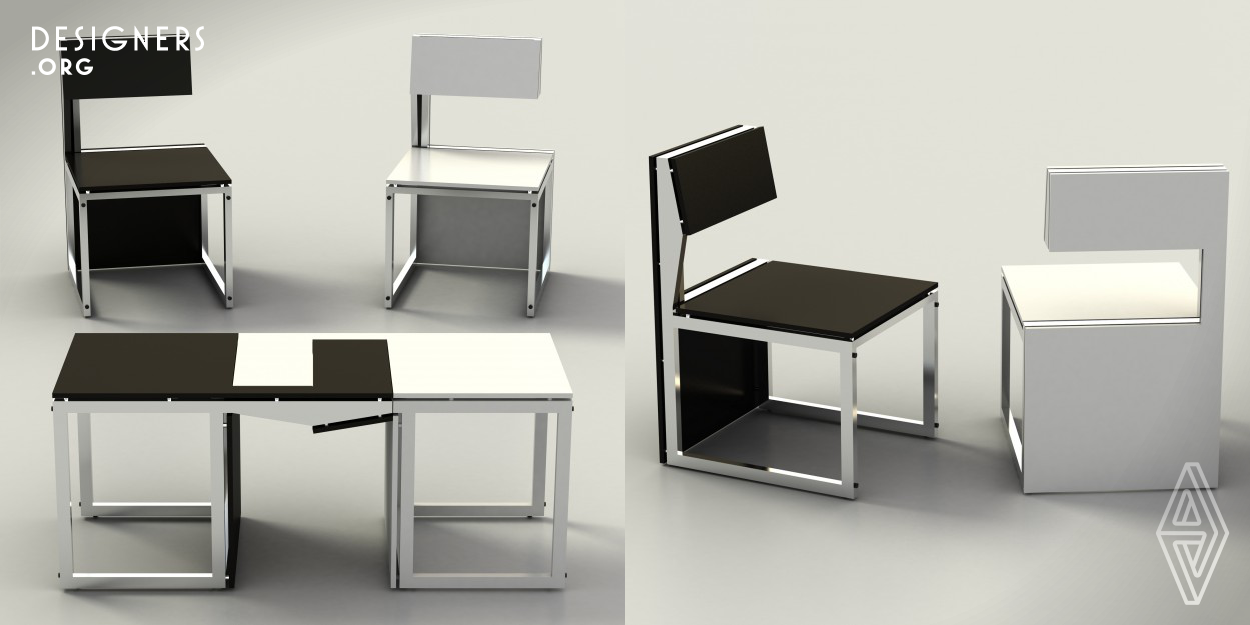 The Sensei Chairs/cofee table is a piece of furniture that like most of my creations, begin by finding new ways to take advantage of small spaces through geometrical random drawings. The style of this project is pointed in a minimalist fashion, where we have no curves, but instead we have lines, planes and neutral colors, such as black and white. The chairs, when set horizontally and joined by their backs, gives us a cofee table. The middle section of the table (where the backs are set together) is amazingly strong, and one can sit down on the middle without even moving the table.