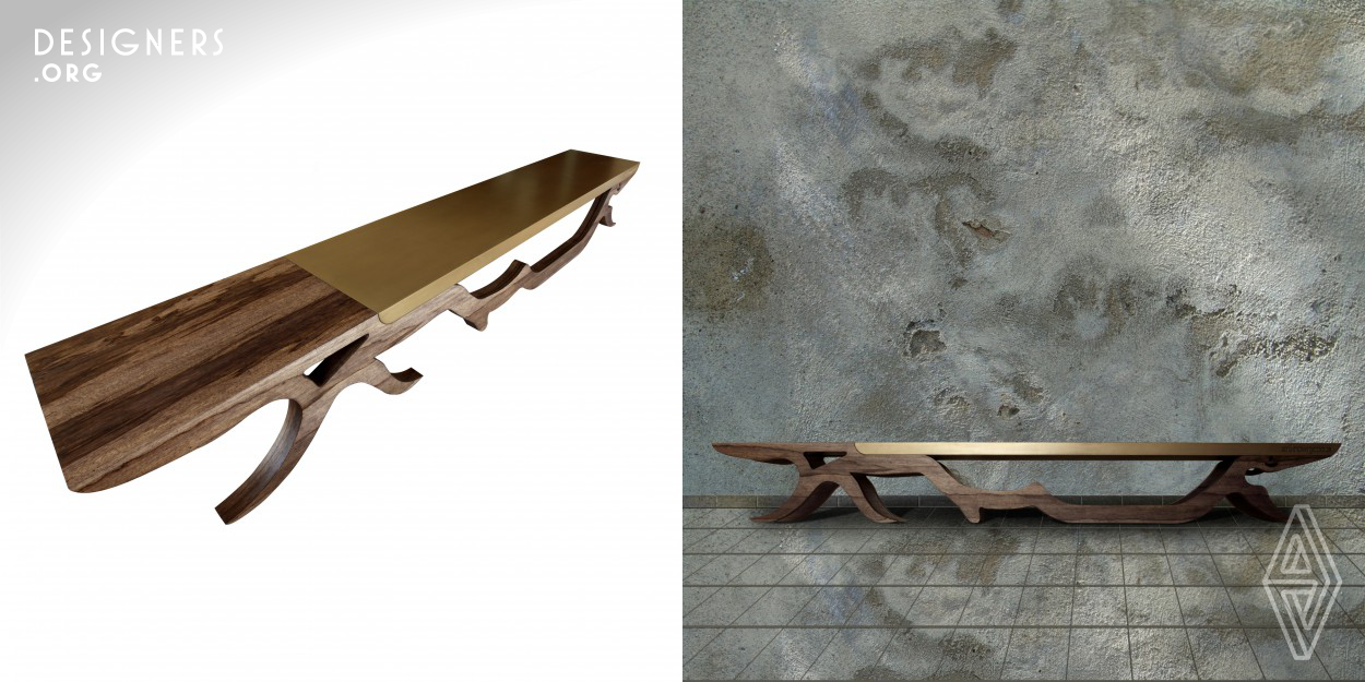 BenchArk's design concept stems from a blend of two contradicting characteristics; motion and stillness. On one hand, the design abstractly impersonates an organic tree log that can be found in nature. On the other, it’s a resemblance of structural remains of an ancient wooden ark. The identical twin legs branch out organically holding a straight wooden line with a real bronze and copper finish. BenchArk is 3.5 meter long bench designed by Yazan Hijazin founder of Anknownymous in Amman-Jordan.