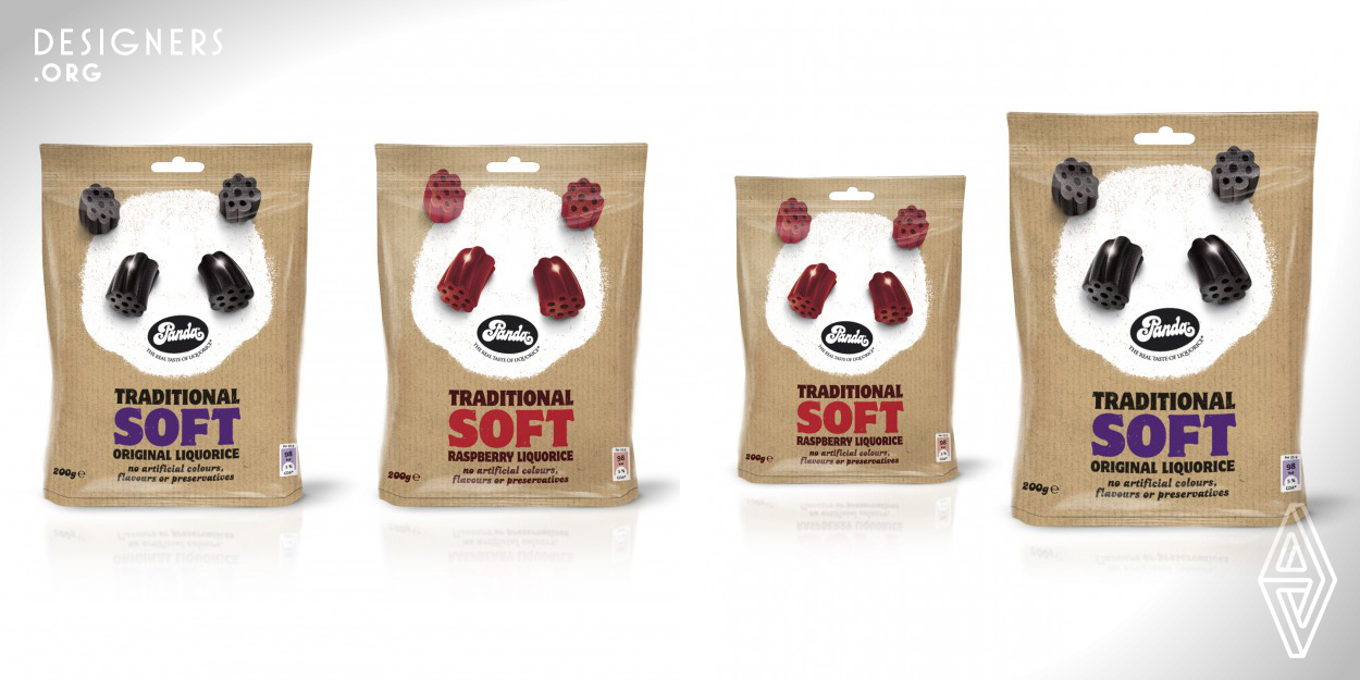 This design is unique to the brand and the solution is directly influenced by the brand name, Panda. The product is shown in conjunction with the logo to create the face of a panda, giving instant recognition, standout on shelf, and great engagement with consumers.