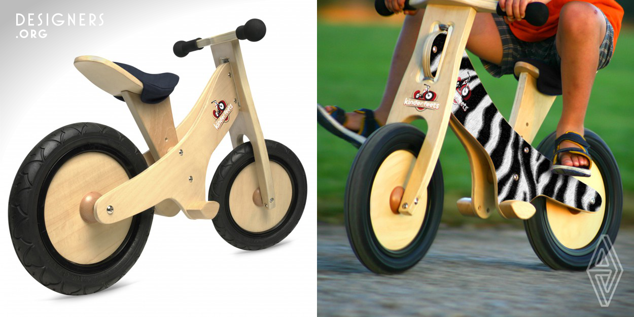 The Kinderfeets™ is a wooden balance bike. It provides a starting point for children preparing to ride a “normal” two-wheeled bicycle. To differentiate this balance bike from others we made a chalkboard finish color options for customization, foot pegs for cruising, so this will make the transition to pedals even easier. Then we added a low step through frame, that allows for lower settings of the seat and easy on-and-off of the rider and Forever-Air-Tires to decrease their maintenance