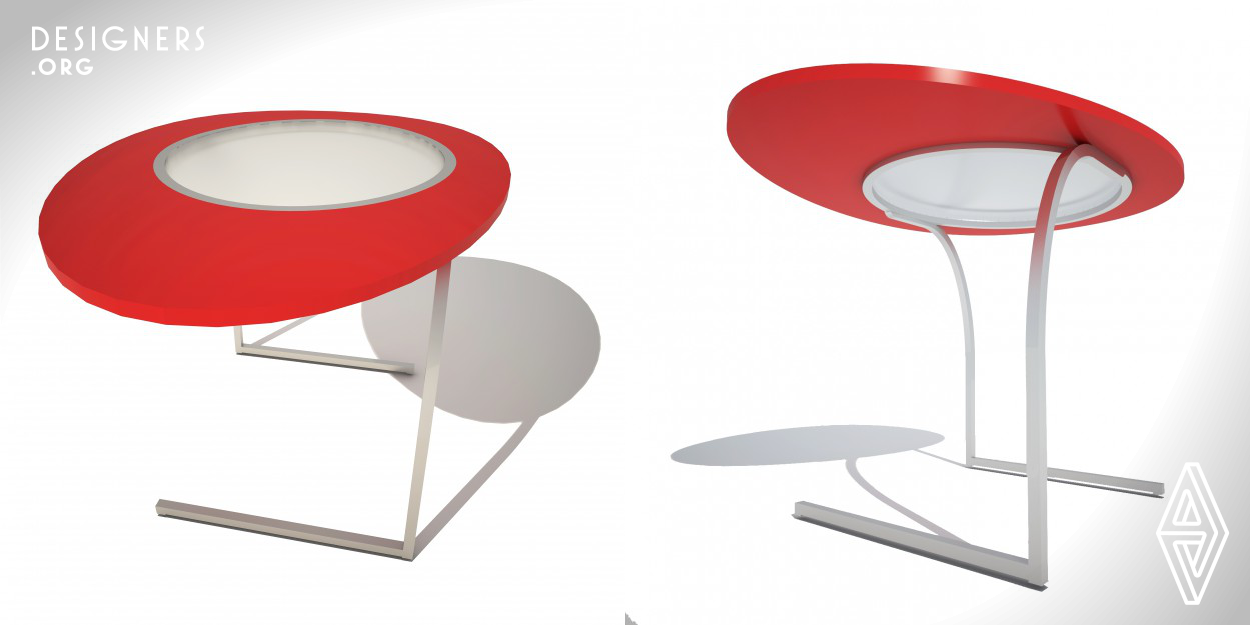 The table top basis is the metal ring, in the middle of which the glass is installed, and the the outside part is made from wood, plastic or any other material, convenient for the tables. The table has two L-shape legs from metal, which look one on another, and by that they provide the rigidity. The table can be unassembled fully for transportation. 