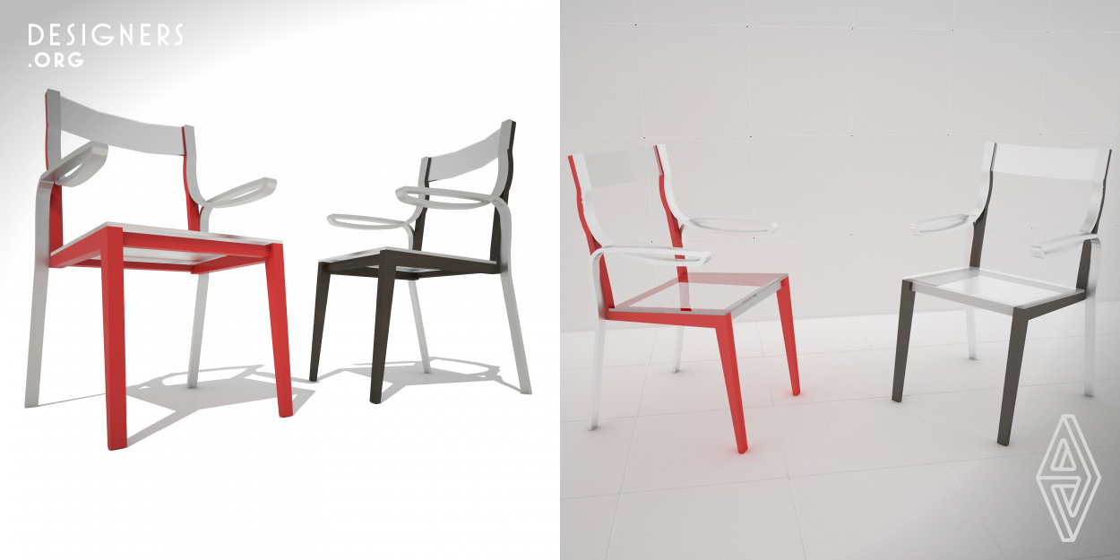 The idea of this chair came to me when I saw a loop from the rectangle cut, which is curved to form the arms. The metal parts are connected by the bolts to the wooden legs and the back and seat of the chair is made from the transparent plastic. The connection of this three different materials gives the illusion of lightness. 