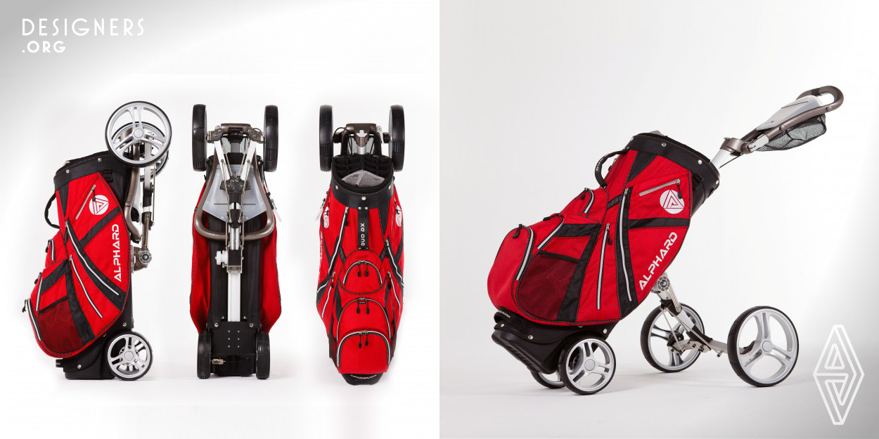 For years, golf bags and push carts come in separate pieces. The concept of integrating the golf bag and push cart could greatly improve convenience and on course performance if done right; a few have attempted but the results are far from ideal. Duo Cart by Alphard Golf is the first to make it fast, simple and practical, along with an appealing look. The Duo Cart is redefining compactness and convenience for golfers who like to walk the course and hopefully it will encourage more golfers to walk and enjoy the many health and game benefits. After all, walking is how the game should be played!