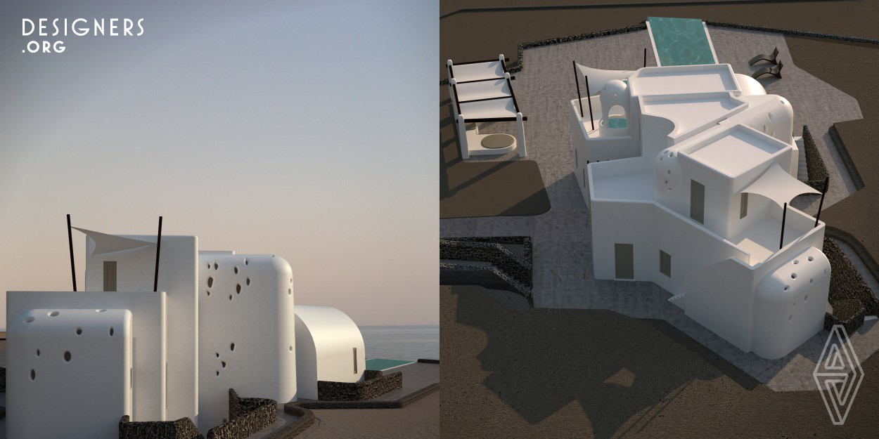 The holiday retreat is located northeast of Santorin in an area characterised by the active underwater volcano.The design tries to capture the history and the strong elements of natural decomposition of the landscape by the thick layers of volcanic lava and the intensity of the strong winds and to redefine the characteristics of the traditional architecture through a modern vocabulary. The facade of the building gives the impression of an eroded shell whereas the irregular shape of the building is a result of the narrow shape of the plot and the intent to allow views to the sea from all room