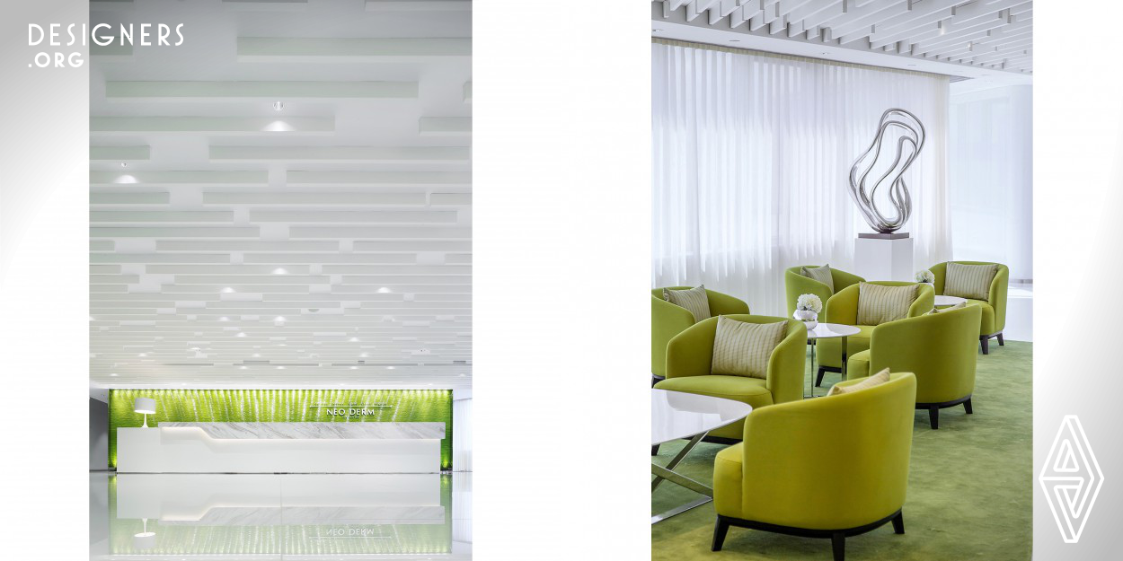 It is designed to resonate the theme of lines, and lime color highlights are just enough to demonstrate the dashy and energetic design brief for this particular skin care center. Beams of white dashing lines are running throughout the white ceiling and extending to the surrounding space with dynamics. The relaxation zone adjacent to the reception is set on a lime on lime color tone from furniture to carpet that emphasizes the young and rejuvenated brand essence by overviewing the Victoria harbor. 