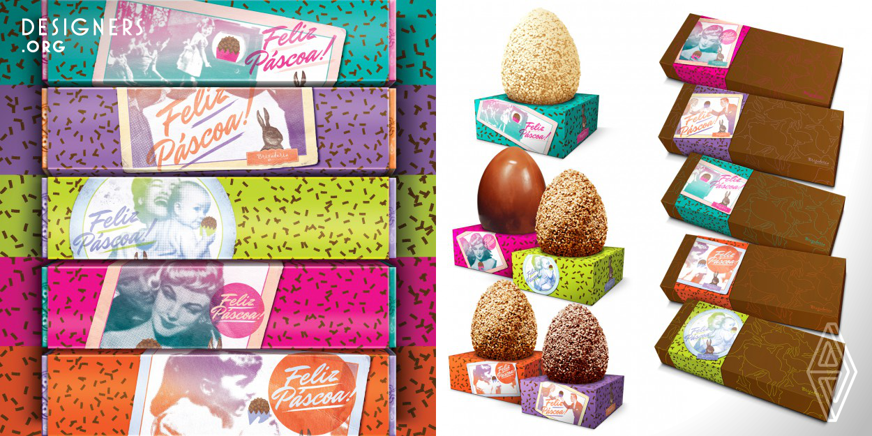 To develop a new series of Easter packaging for Brigaderia, a Brazilian confectionery store that sells "brigadeiro" sweets, we have recreated advertising prints from the 50's and the 60's and using the brigadeiro as a focal point. By replacing the popular old products (e.g.: margarine, soap, television set…) with brigadeiros, we created an unusual packaging concept that moves away from traditional Easter editions clichés.