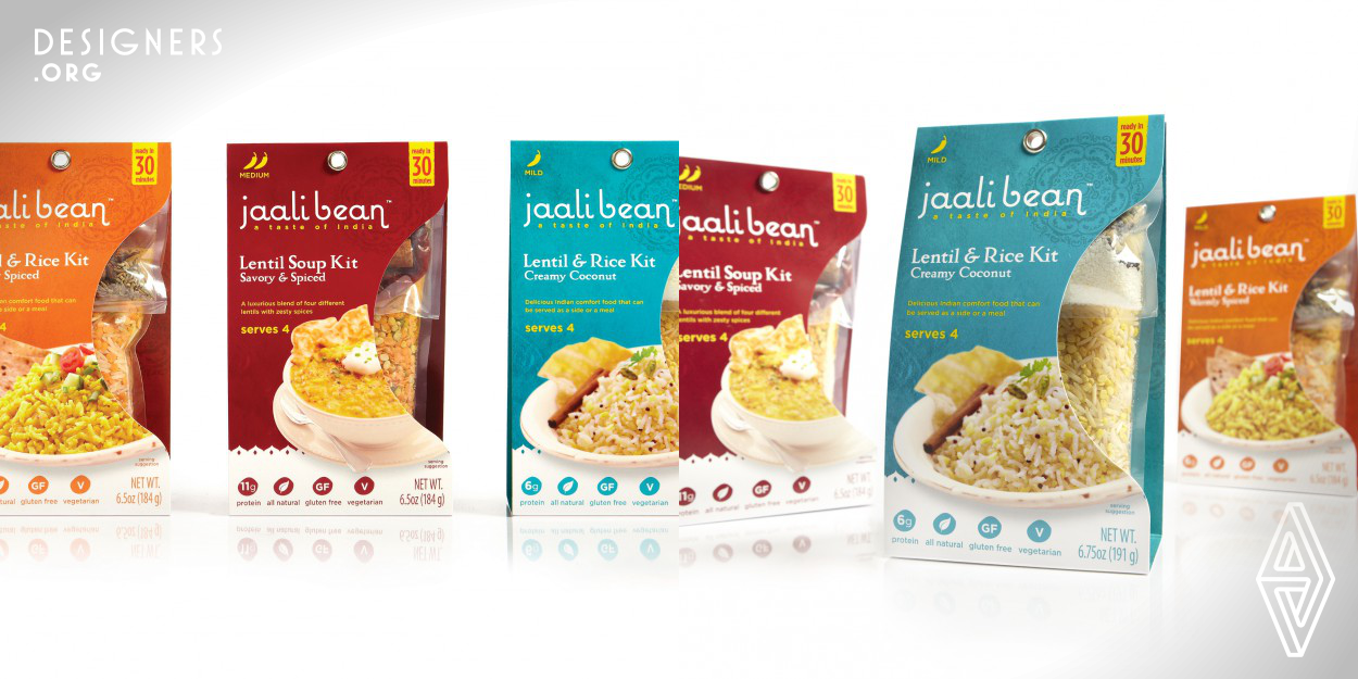 Jaali Bean partnered with Kaleidoscope for an ongoing brand identity and packaging design engagement. The Jaali Bean brand name was inspired by the transformative idea behind the Hindi word jaali. Taking something hard – like preparing a homemade Indian meal – and transforming it into something beautiful, flavorful & intriguing.  Utilizing a contemporary palette and a simple design language, the packaging graphics further convey Accessible India. The photography suggests fresh and homemade. The rich textured background and sophisticated details create a distinct package design. 