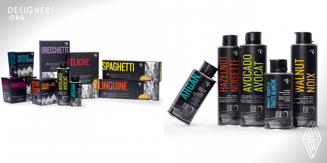 The contemporary use of colour and industrial typography is juxtaposed against custom photographed black-and-white imagery that communicates the provenance of each product by capturing origin or old world preparation methods. The bold and colourful industrial typography on the black background provides unique personality and immediate brand recognition while enabling variety differentiation among larger sub-families. The result: a creation of sophisticated and distinctive brand & package design. 
