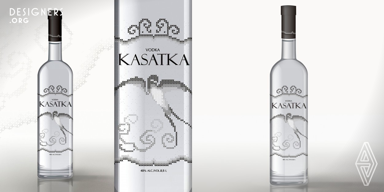 "KASATKA" was developed as a premium vodka. The design is minimalist, both in the form of the bottle and in the colors. A simple cylindrical bottle and a limited range of colors (white, shades of gray, black) emphasize the crystalline purity of the product, and the elegance and style of a minimalist graphical approach. 