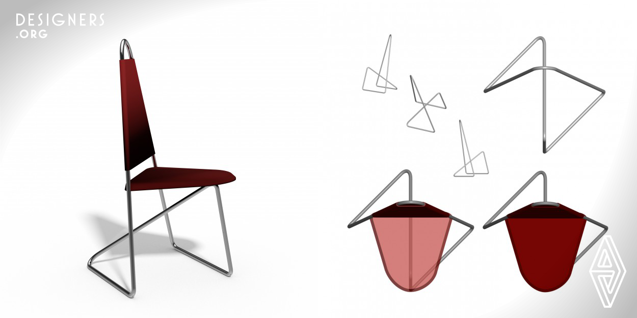 The design is based on the required minimum of physics and material, multiple use, indoor-outdoor, Corner Chair, Stacking Chair, round-soft, Feng Shui. The weight bearing construction consists of a single, endless pipe. The seat is fixated at two axial points and laying on top of a third point of the construction. The axial fixated points at the frame allow the seat to fold back and the chairs can be stacked into each other. The seat can be easily removed, different material, upholstery, shape, color and design can be exchanged.