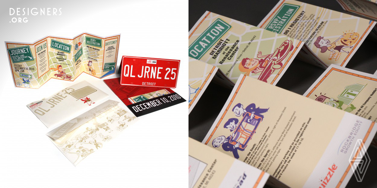This unique invitation, in addition to communicating all pertinent event information and incorporating the “journey” theme of the event celebrating Quicken Loans’ 25th anniversary, doubled as a commemorative keepsake. It included a functional, production quality license plate that could be affixed to a vehicle, and each plate was personalized with the employee's name and the year they joined the company. The flip-fold cover opened to reveal an accordion-folded invitation resembling a map bordered by a neatline with titles in traditional highway signs.