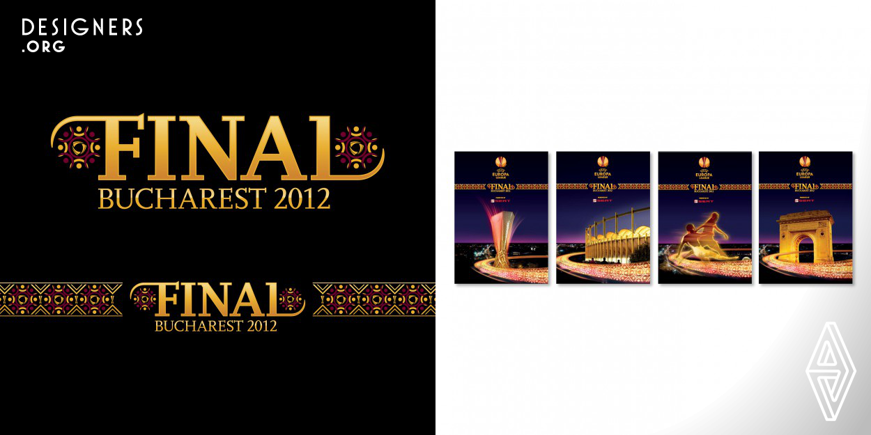 This design was for the complete brand identity across all media for one of Europe’s most prestigious annual sports events, called the UEFA Europa League Final, commissioned by top soccer federation UEFA.  In 2012 the Final was held in the Romanian city of Bucharest, and our creative concept was based on an energetic beam of light seen heading towards the soccer Stadium, inside of which was a detailed pattern inspired by local Romanian arts and crafts. This was then applied to airport posters, street banners, match tickets, press packs, as well as the stadium signage, player interview backdrops, security passes and stadium guides.  