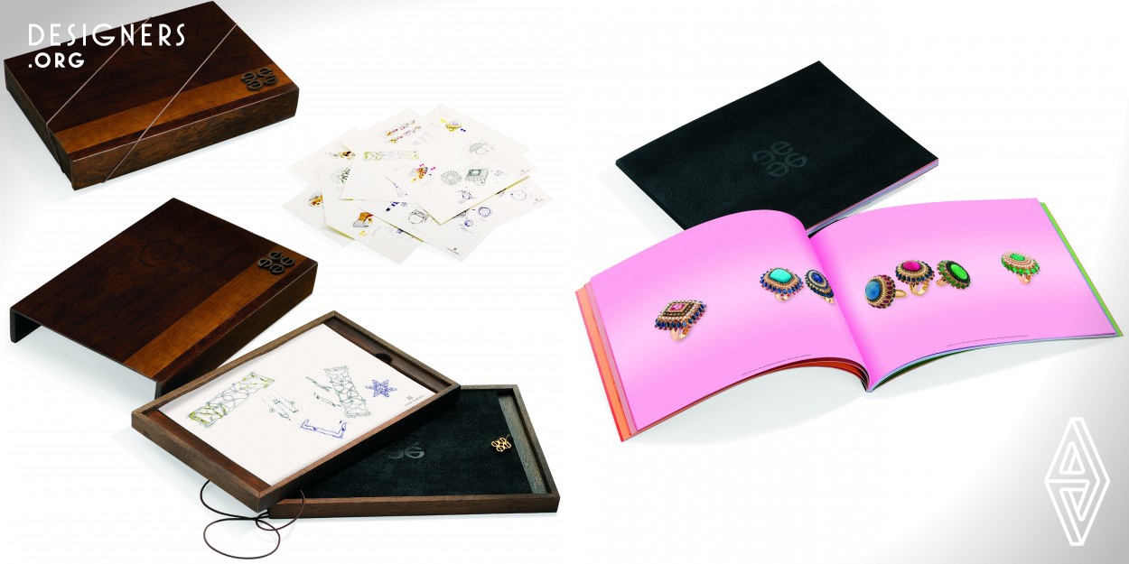 The catalog celebrating jeweler Emar Batalha’s ten years in design presents a contemporary vision that encompasses gemstones, design and jewelry. The creation includes the perennial vision of art. In fifty years or more the book will exist as proof of the art and design created in the first quarter of the twenty-first century. The book and its wooden case will be in perfect state. They will be live witnesses of our times. The use of textures, contrasts and materials will give the reader a truly timeless feeling that digital reproduction cannot exploit.