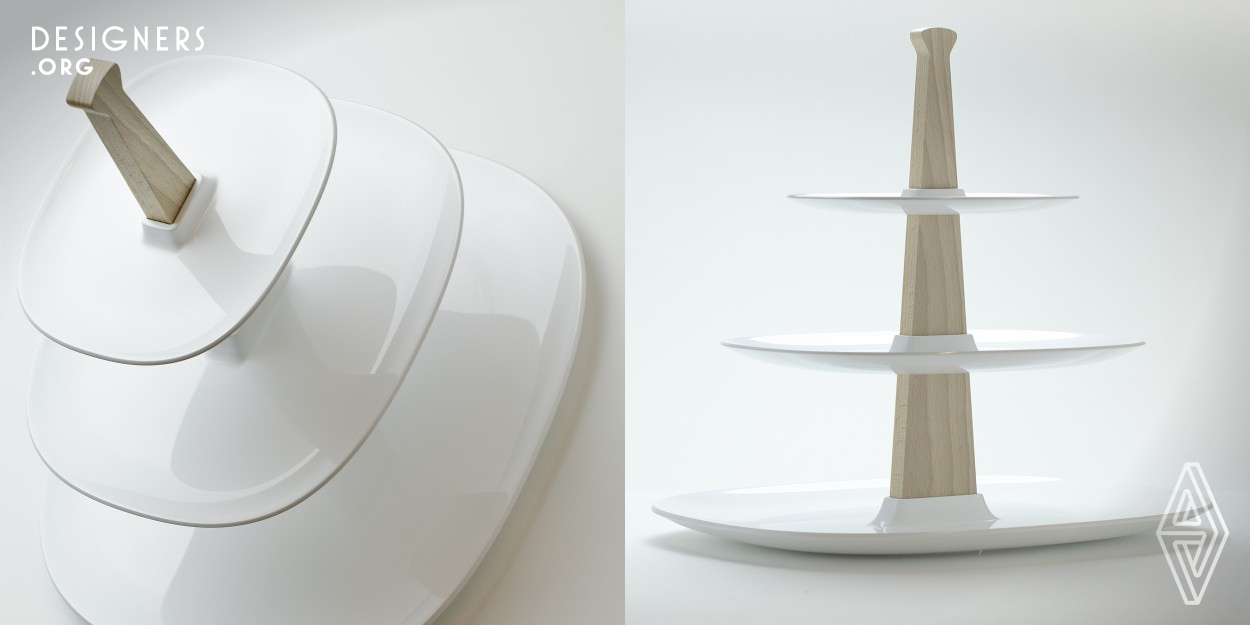 From the growing popularity in home baking we could see a need for a modern looking contemporary cake stand, which could be easily stored in a cupboard or draw. Easy to clean and dishwasher safe. Temple is easy to assemble and intuitive by sliding the plates over the central tapered spine. Disassembly is just as easy by simply sliding them back off. All 4 main elements are held together by the Stacker. The Stacker helps keep all the elements together for multi angled compact storage. You can use different plate configurations for different occasions.