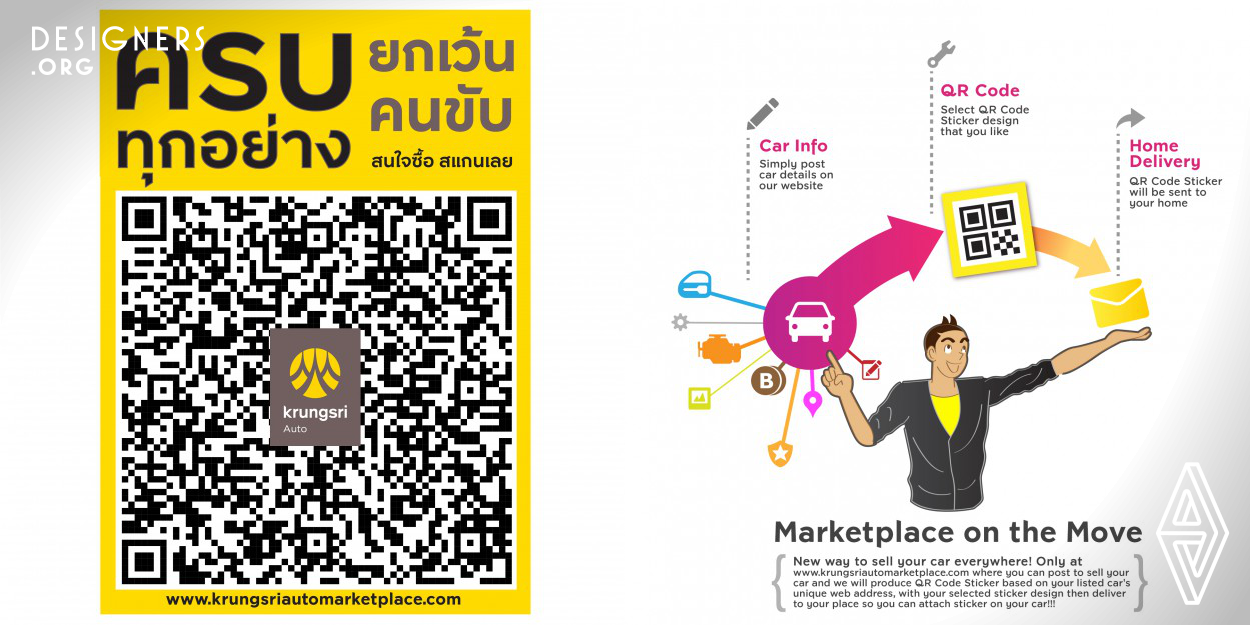 New way to sell your car everywhere! Only at www.krungsriautomarketplace.com where you can post to sell your car and we will produce QR Code Sticker based on your listed car's unique web address, with your selected sticker design then deliver to your place so you can attach sticker on your car!!!  For Buyer, just scan QR Code you see at the Seller’s car parking at department stores, coffee shops, buildings, and etc. Access to car details instantly. Call the Seller and check it out. All are suddenly happened at the place where you both are!!!