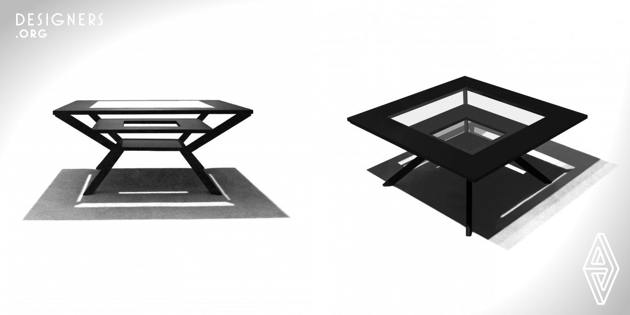 The design is a black cocktail table with interesting shadows that play off the black of the table. It is a timeless design that will fit with many styles. Artifacts can be displayed on the different levels below to change the appearance of the table while also keeping the table top clear. The table is a KD cash and carry design: purchase, bring home, and easily assembled by anyone. The design is beautiful, interesting to look at, but not obtrusive. Cocktail tables are normally in the center of activity, but should not become the center of attention - this table accomplishes just that