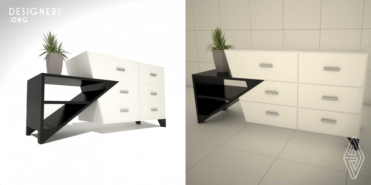 Commode united with an open shelf, and this gives the feeling of movement and two parts make it more stable. Using of different surface finishes and different colours allows to create different moods and can be installed among different interiors. The closed commode and open shelf gives the illusion of a living being. 