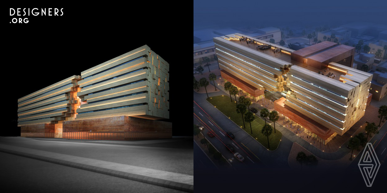 The idea behind the Riyadh Park Inn Hotel originated from the concept of blocks. The proposed hotel lies as a large dynamic element radiating light from the elongated slim slits of its façade and breaking up to expose its central spine, the atrium, defining the entrance and the common spaces of the hotel. The design investigates the relationship between mass and void, creating a sense of privacy where little exposure of the hotel’s internal private activities are reflected to the outside. The building’s reading is one very much related to the local architectural language of mass and stone.