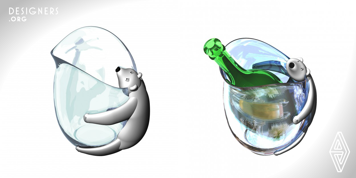 This design brings amusement and practicality to an otherwise purely functional product. It is part of a range of domestic culinary products taking inspiration from the polar regions. It employs polymers to reduce weight and improve safety. The double skin of the polycarbonate main body is filled with a silicone gel which helps maintain the temperature of the contents when the bucket is pre-chilled keeping ice water colder for longer. It brings colour and a talking point to dinner parties where it becomes a 'table sculpture' as well as functional object. 