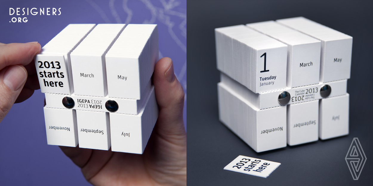 “With this beautiful design-calendar, Philip Stroomberg has added an innovative twist to the concept of the tear-off calendar. Not a messy sheaf of paper hanging from a nail on your wall, but a compact object that subtly changes shape in your hands: by tearing off a card each day, you reveal the workings of time.”