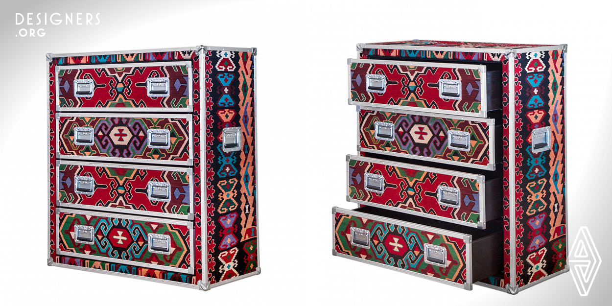 "Chilim by Mirko Di Matteo" is a furniture line created with repurposed 80 years old vintage rugs from Bosnia. These original furniture pieces are unique (each piece is different), environmentally friendly (made with recycled vintage rugs) and socially responsible (preserve the old weavers' tradition). Combining the rugs with "flight case metal hardware" (as framings) we have created indestructible pieces that will preserve the otherwise lost vintage rugs virtually forever as functional display items in our homes.