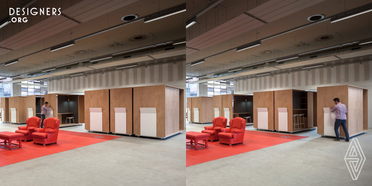 This concept was designed for a design competition organized by the province of West Flanders.The assignment was to fill up a large empty space which is in the middle of several offices, with furniture where the users could gather. Suivez le guide is a series of 7 volumes of plywood in which allows the user to practice another activity. They can easily change the location of each box according the function they need. “Suivez-le-guide” breaks with the conventions in the field of office furniture. It is a response to the demand for other ways of working and communicating.