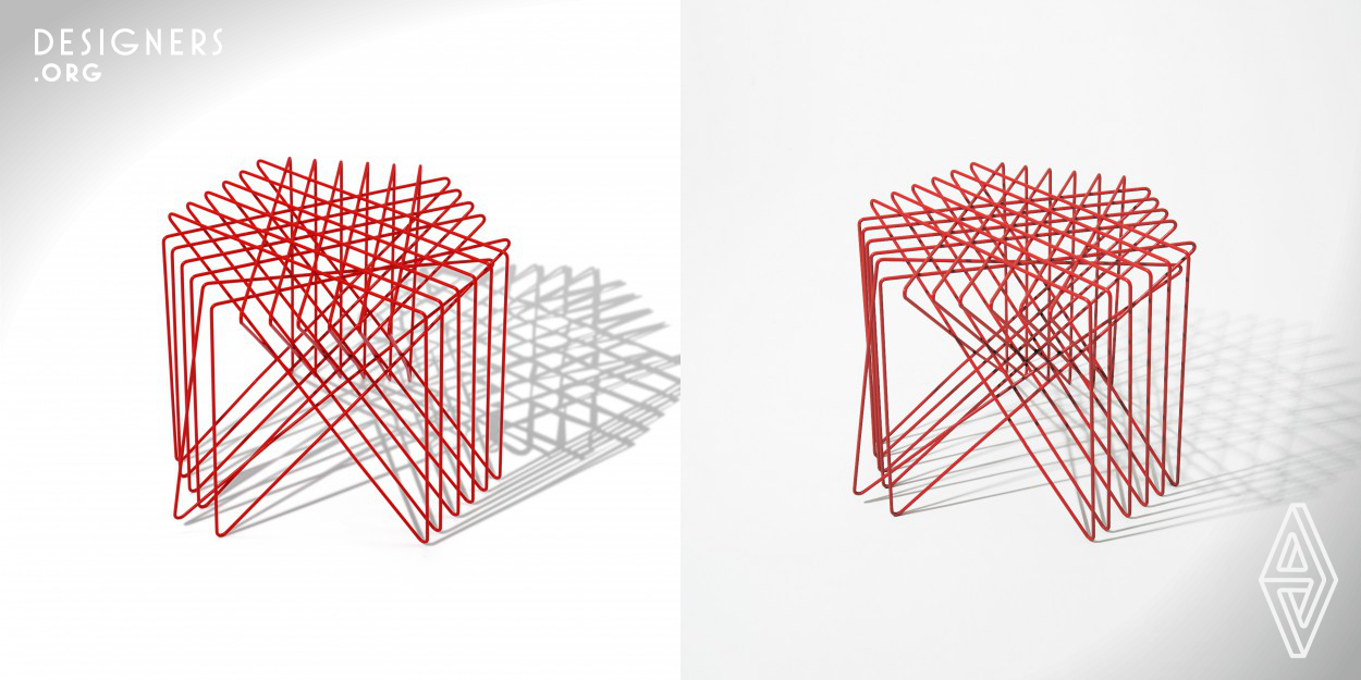 Designed by Shinn Asano with background in graphic design, Sen is a 6 piece collection of steel furniture that turns 2D lines into 3D forms. Each piece including “kagome stool” has been created with lines that minimize excess to express both form and functionality in a range of applications, inspired by unique sources such as traditional Japanese craft and patterns. Kagome stool is made from 18 right angle triangles that support each other and when viewed from above forms the traditional Japanese craft pattern kagome moyou.