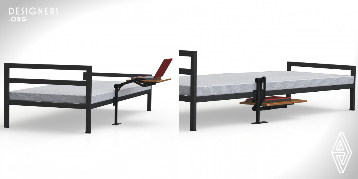 The table is able to rotate in a certain angle to fit under the bed/compartment for maximize space and open in a usable manner. Able to have few swivel feature which is on 2 planes to have easy swing for the user. It can help solve potential problem on placing the laptop or similar devices directly on to the bed which traps air flow. In ergonomic aspect, the Swing table lets the user have a proper mounting surface to avoid pressing on user's lap. While the body is on preferred posture, the table swings towards him/her easily maintaining comfort. The use of table is disabled friendly too.