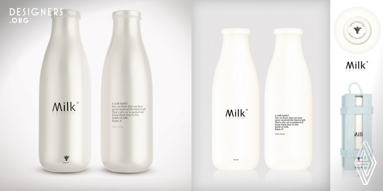 To reinforce our reputation for creativity and “outside the box” design solutions, we developed this special holiday gift for our clients. With many of our international trade customers not being allowed to receive gifts for various reasons, this was neatly circumvented by asking: “who would be upset to receive a bottle of milk?” Of course, no client would expect to receive a gift like this, even more so when it was discovered that the bottle in fact contains a fine Pinot Noir.